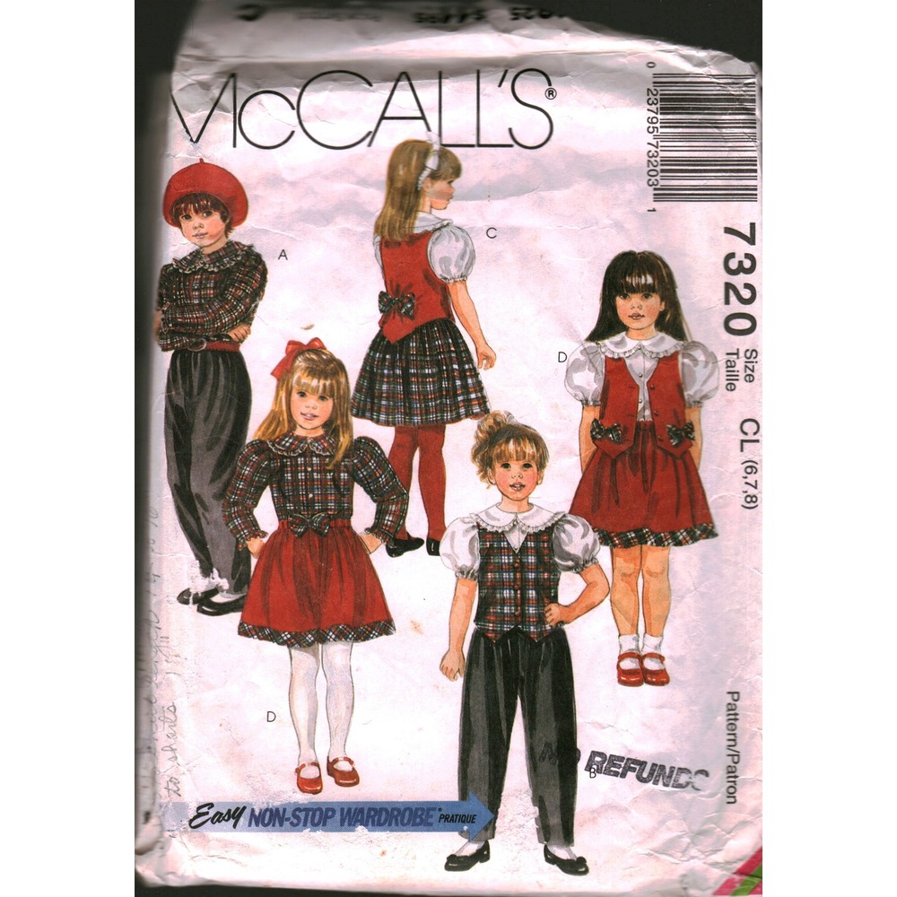 Vintage 1994 McCalls 7320 Childrens Girls Wardrobe Pattern Blouse Vest Pants